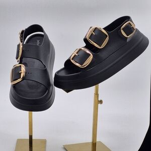 Jeffrey Campbell Black Sandals with Gold Buckles